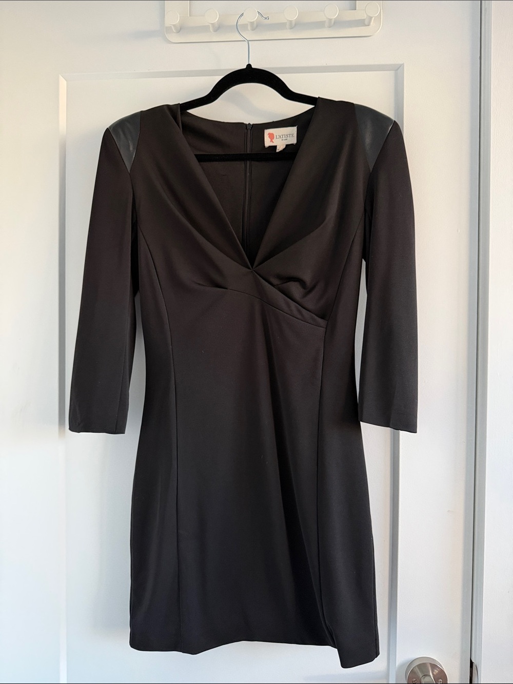 L’ATISTE black mini dress w/leather accents